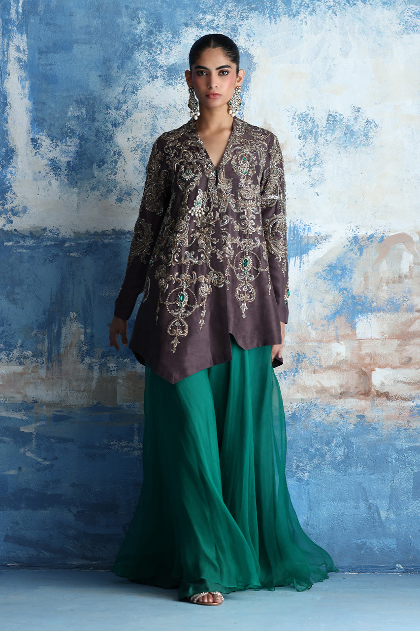 Grey Zardozi Raw Silk Jacket with Emerald Sharara (3-Piece) - Image 4