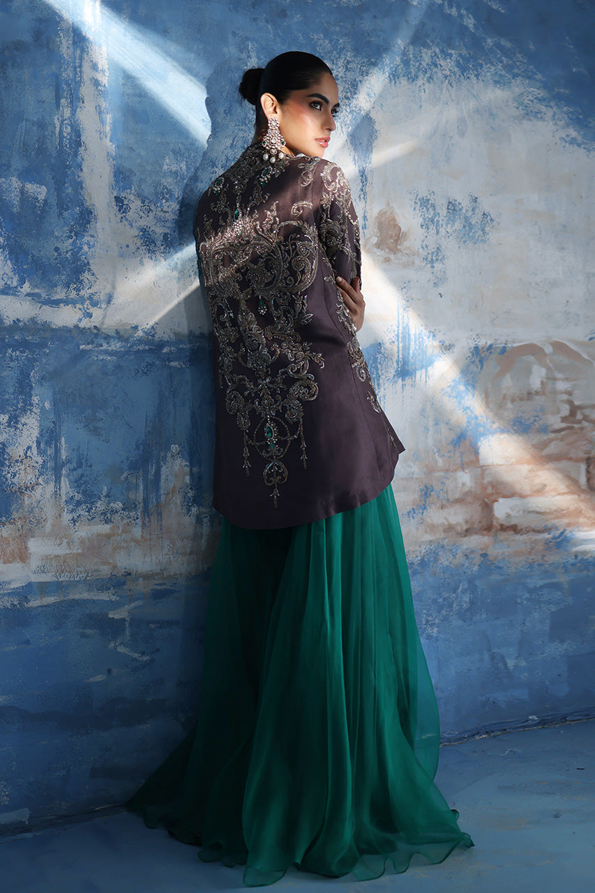 Grey Zardozi Raw Silk Jacket with Emerald Sharara (3-Piece) - Image 5
