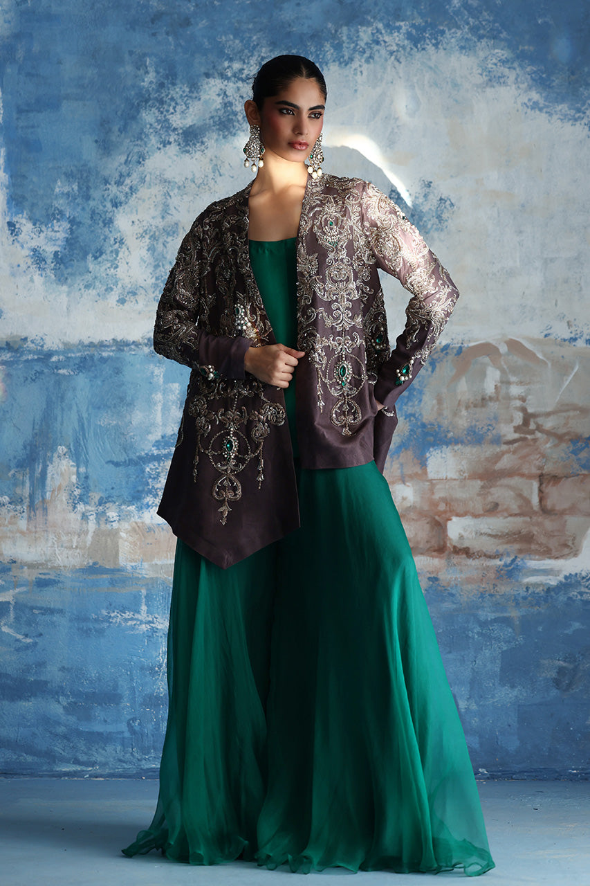 Grey Zardozi Raw Silk Jacket with Emerald Sharara (3-Piece) - Image 6