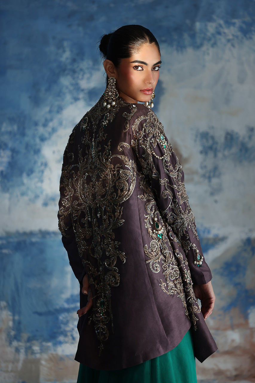 Grey Zardozi Raw Silk Jacket with Emerald Sharara (3-Piece) - Image 7
