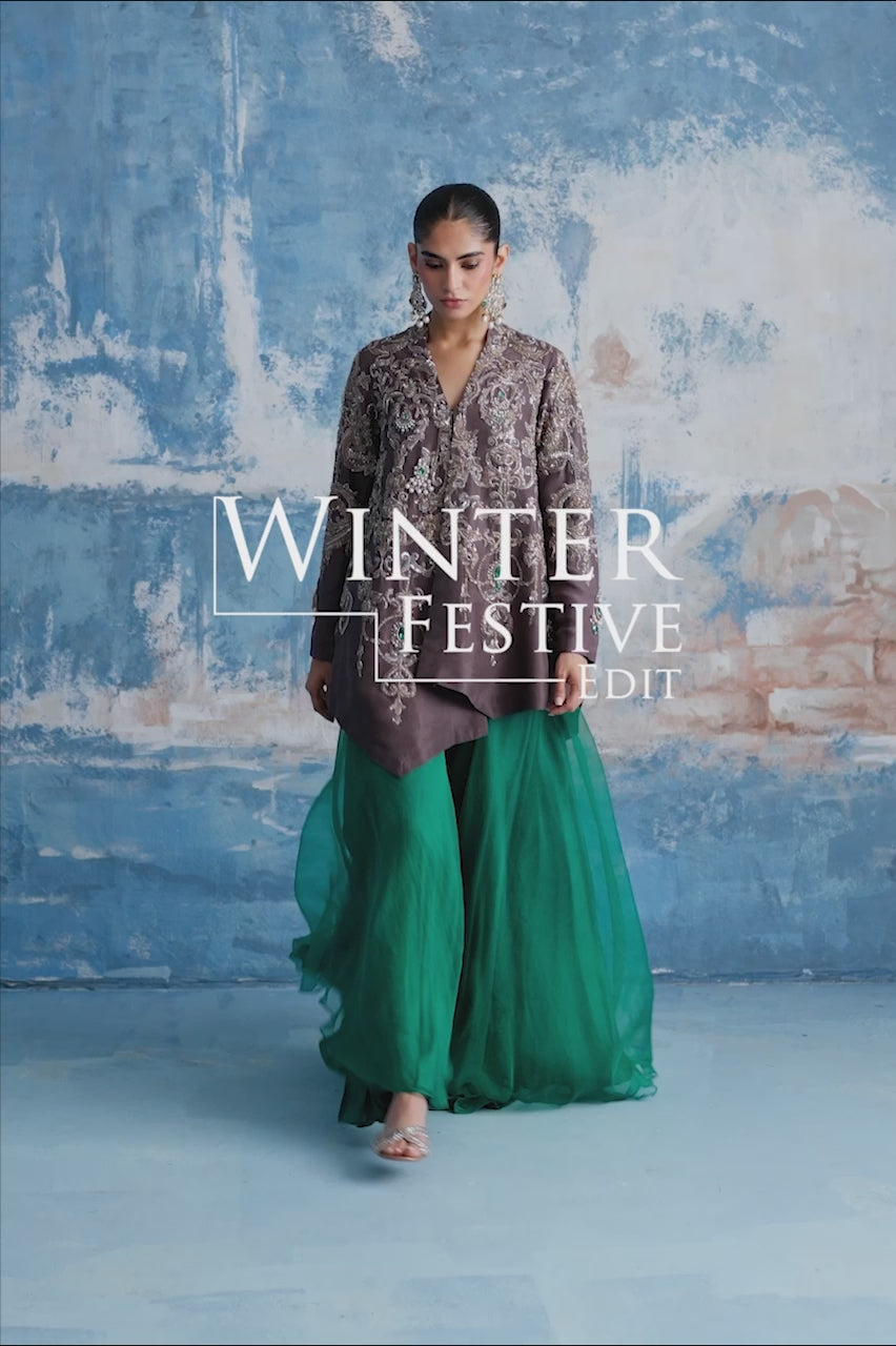 Grey Zardozi Raw Silk Jacket with Emerald Sharara (3-Piece) - Image 8