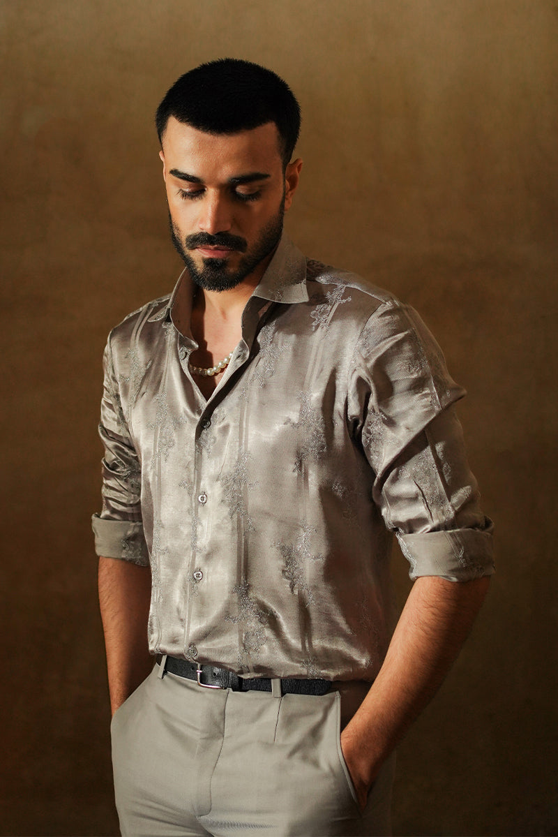 Pale Grey Tilla Embroidered Satin Silk Shirt (1-Pc) - Image 1