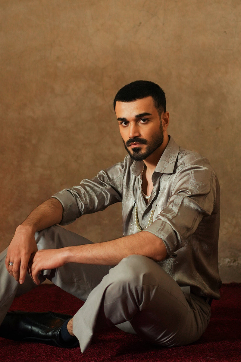 Pale Grey Tilla Embroidered Satin Silk Shirt (1-Pc) - Image 2