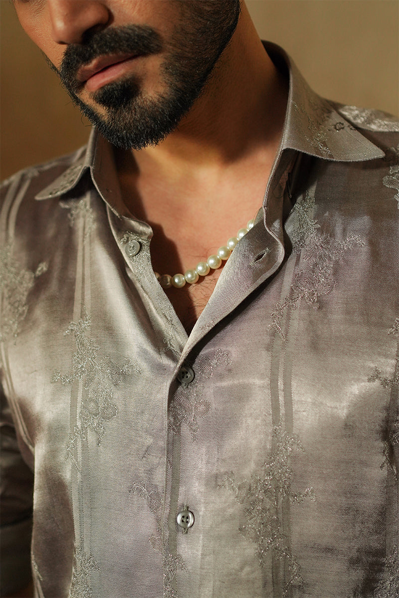 Pale Grey Tilla Embroidered Satin Silk Shirt (1-Pc) - Image 3