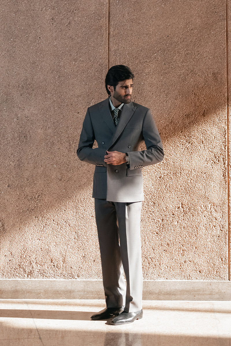 Grey Textured Tropical Fabric Double Breasted Suit (2-Piece) - Image 1