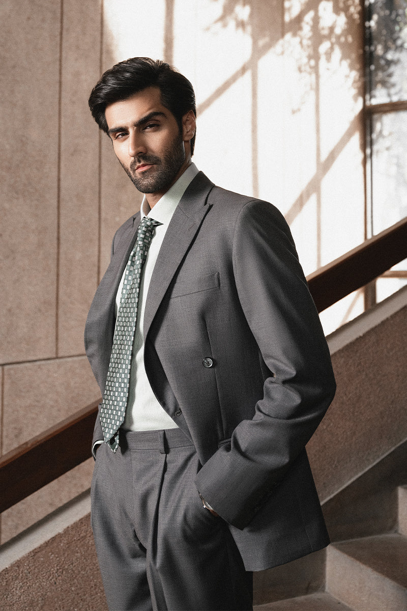 Grey Textured Tropical Fabric Double Breasted Suit (2-Piece) - Image 3