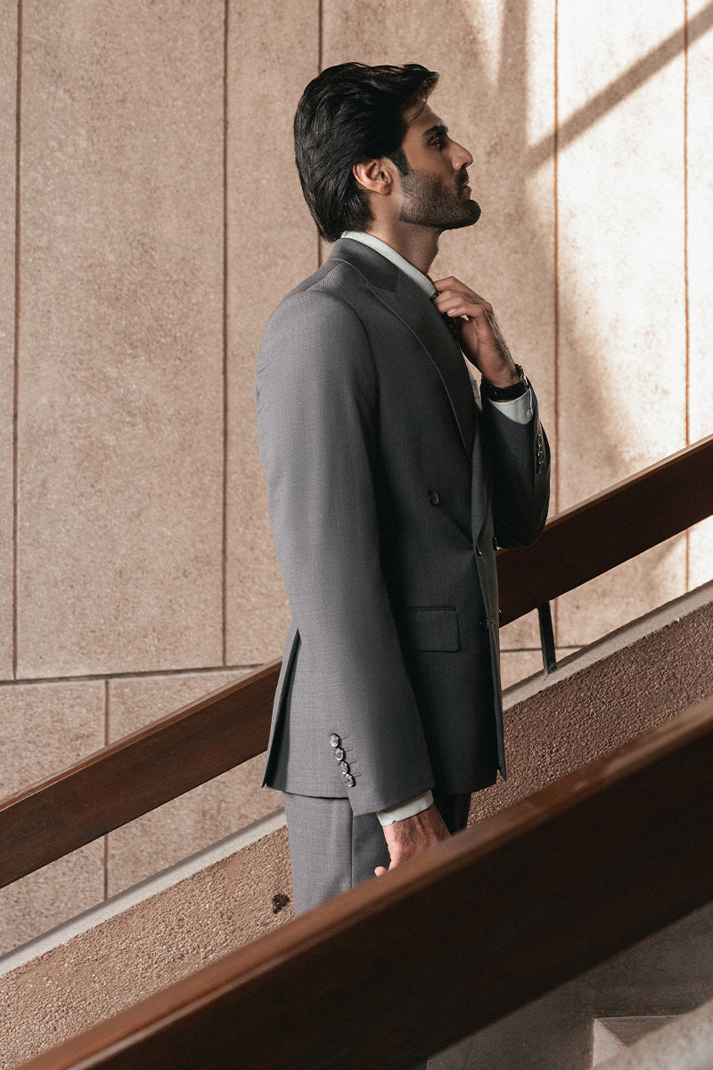 Grey Textured Tropical Fabric Double Breasted Suit (2-Piece) - Image 5