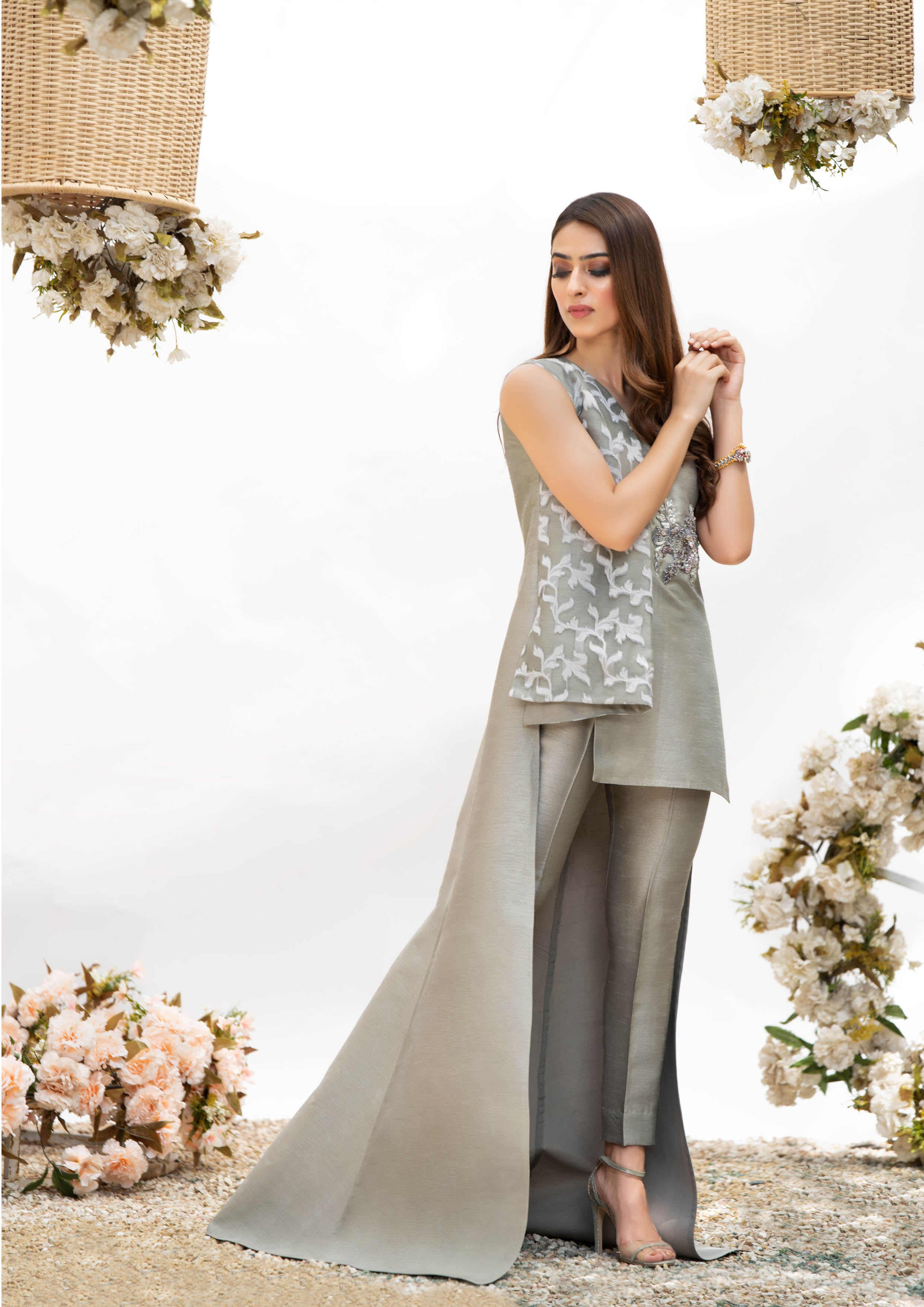 Pewter Embellished Silk-Blend High-Low Tunic (2-Piece) - Image 1