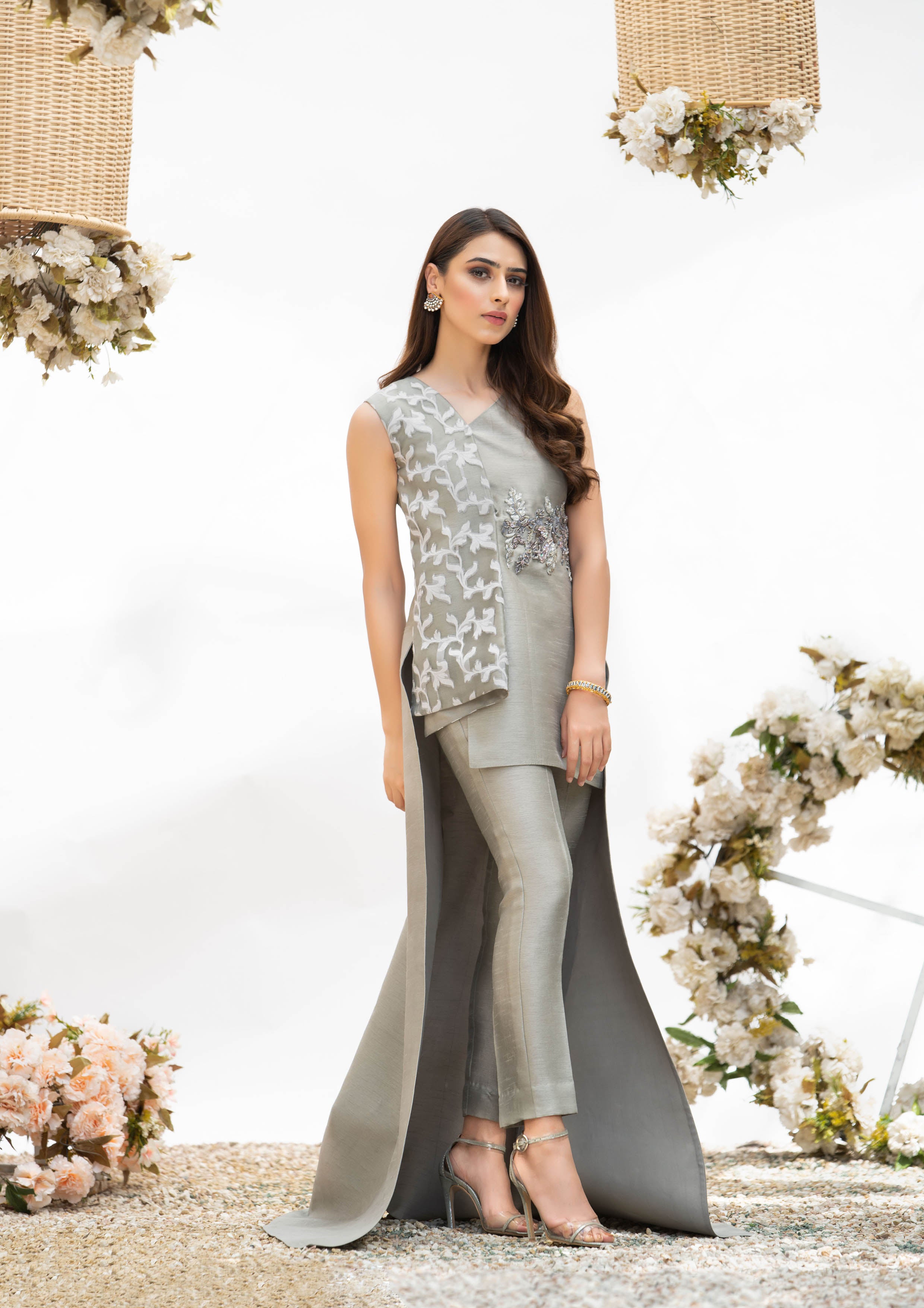 Pewter Embellished Silk-Blend High-Low Tunic (2-Piece) - Image 4