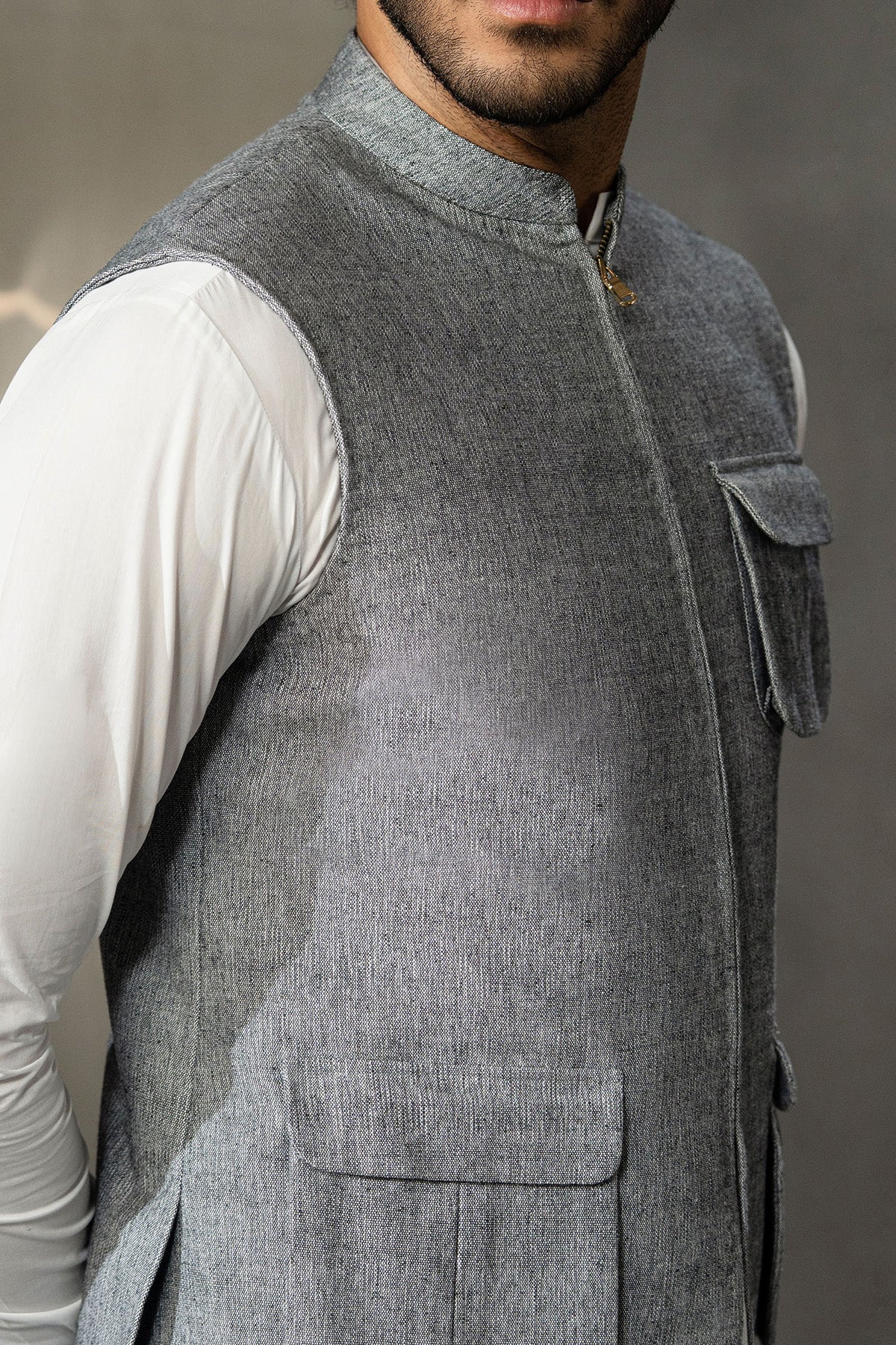 Grey Handloomed Waistcoat with Mandarin Collar (1-Pc) - Image 1