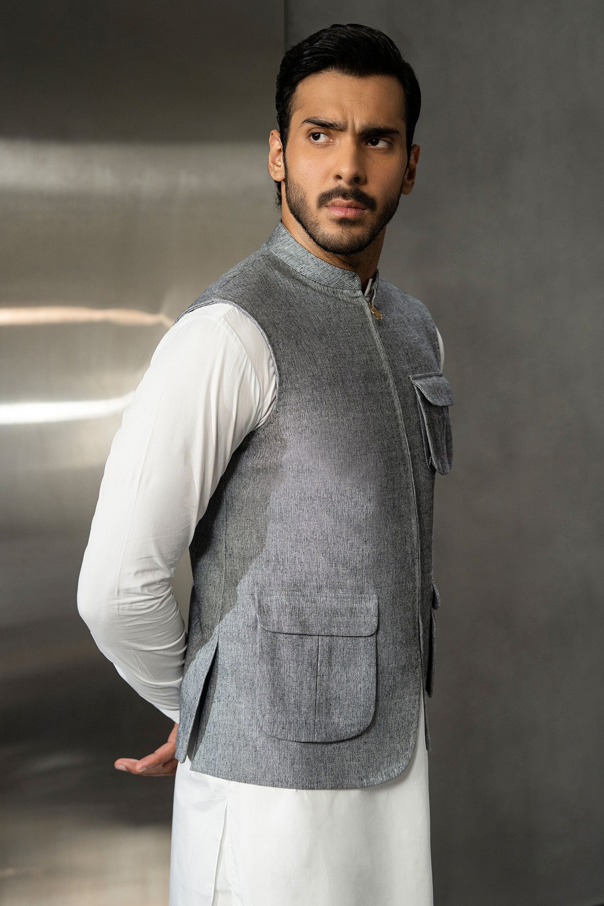 Grey Handloomed Waistcoat with Mandarin Collar (1-Pc) - Image 2