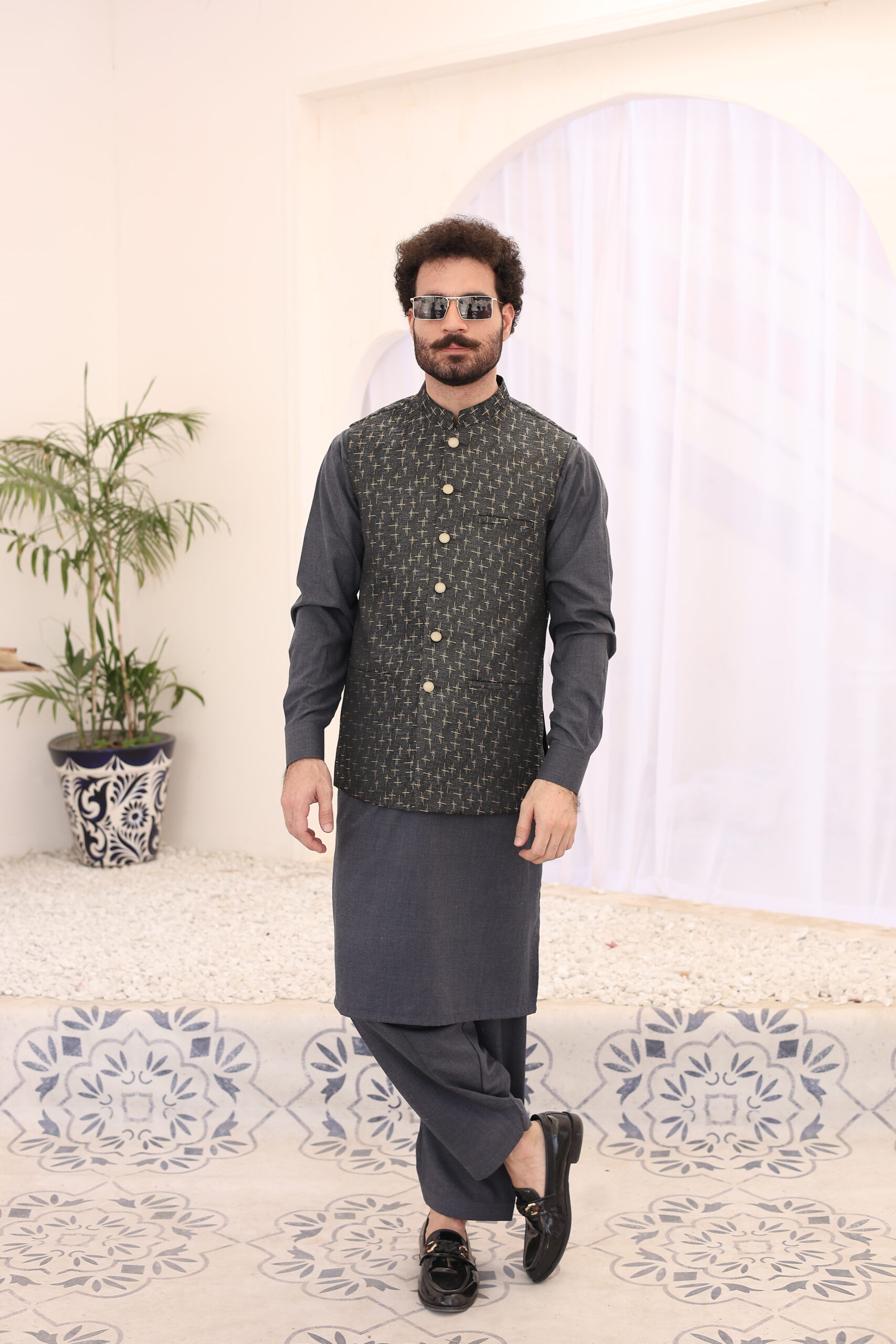 Grey Cross-Stitch Atlas Waistcoat Kurta (3-Piece) - Image 1