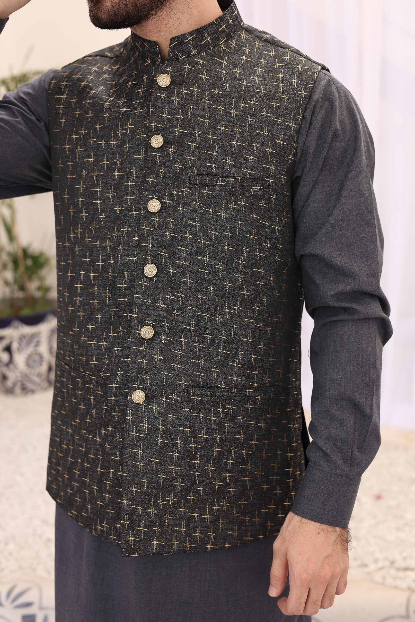 Grey Cross-Stitch Atlas Waistcoat Kurta (3-Piece) - Image 3