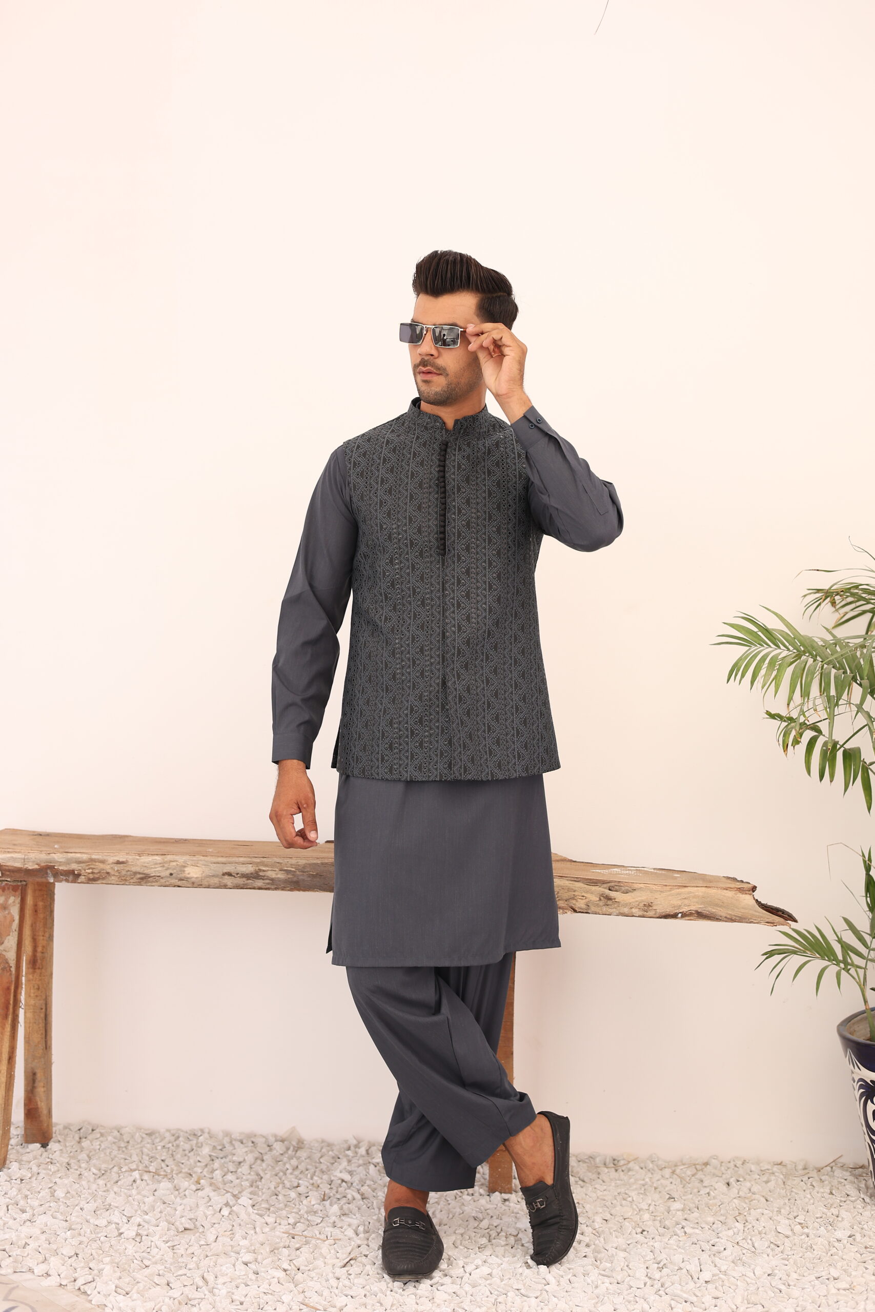 Grey Geometric Atlas Waistcoat Kurta (3-Piece) - Image 1