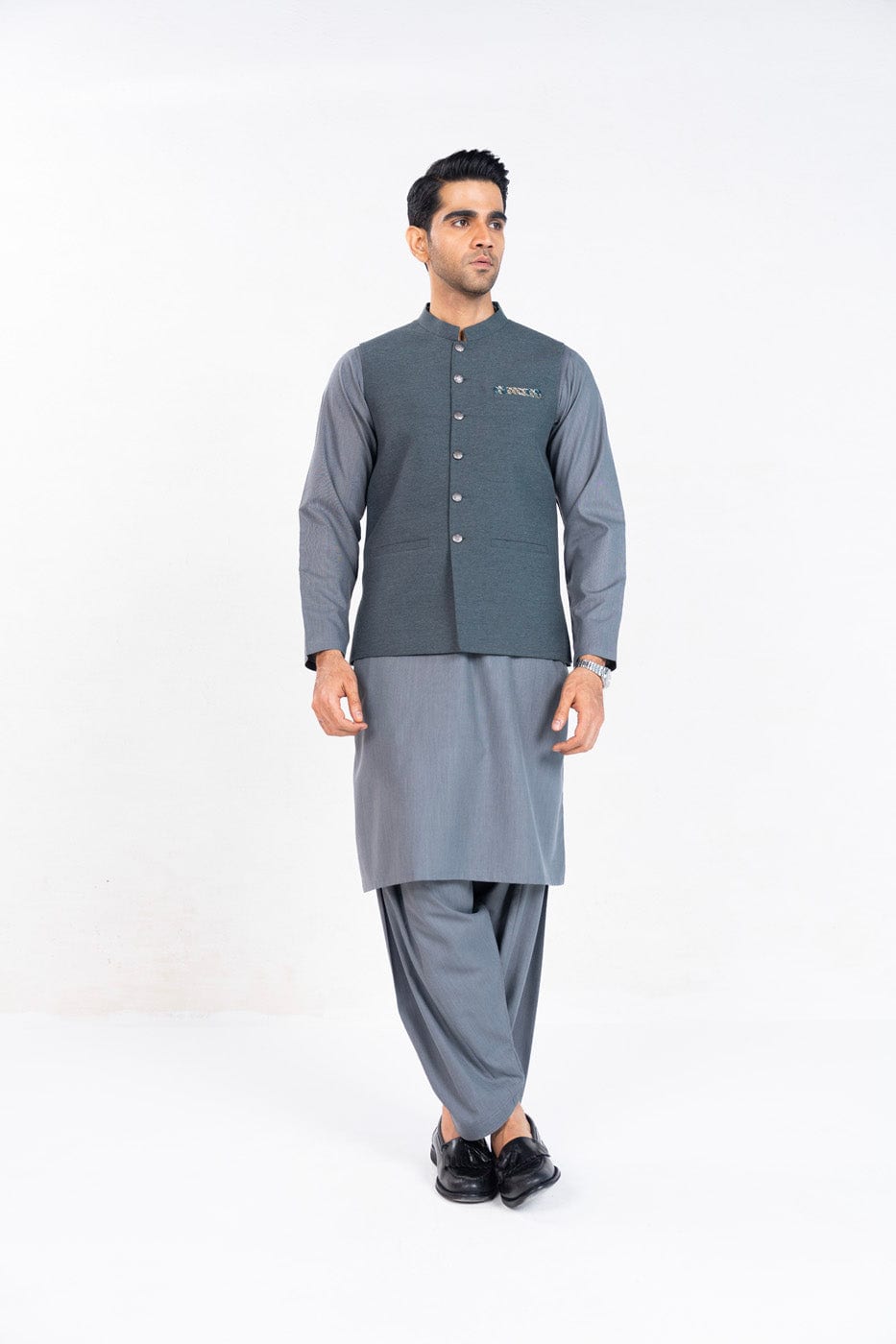 Grey Blended Fabric Waistcoat Kurta Set (2-Piece) - Image 1