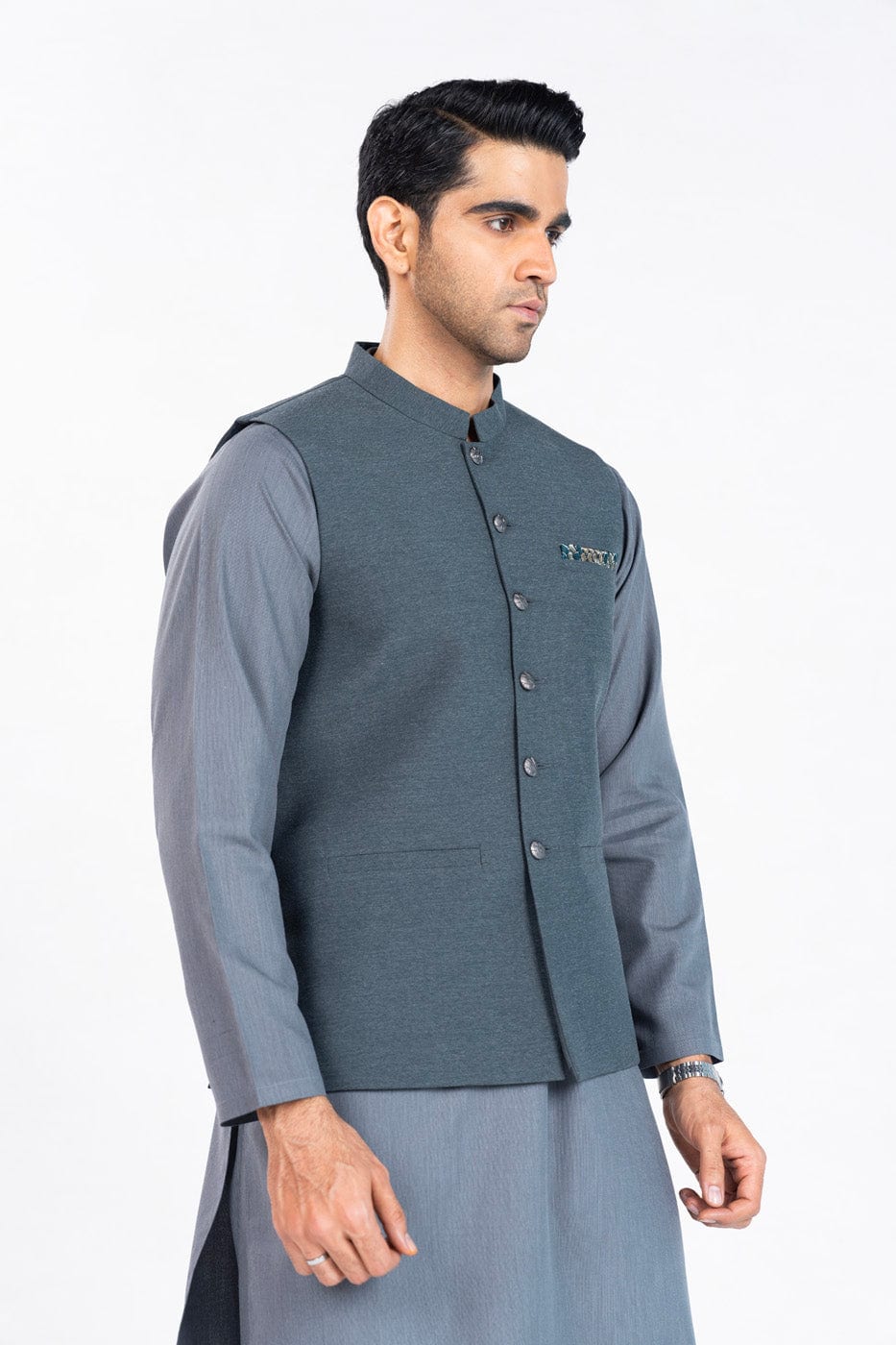 Grey Blended Fabric Waistcoat Kurta Set (2-Piece) - Image 2