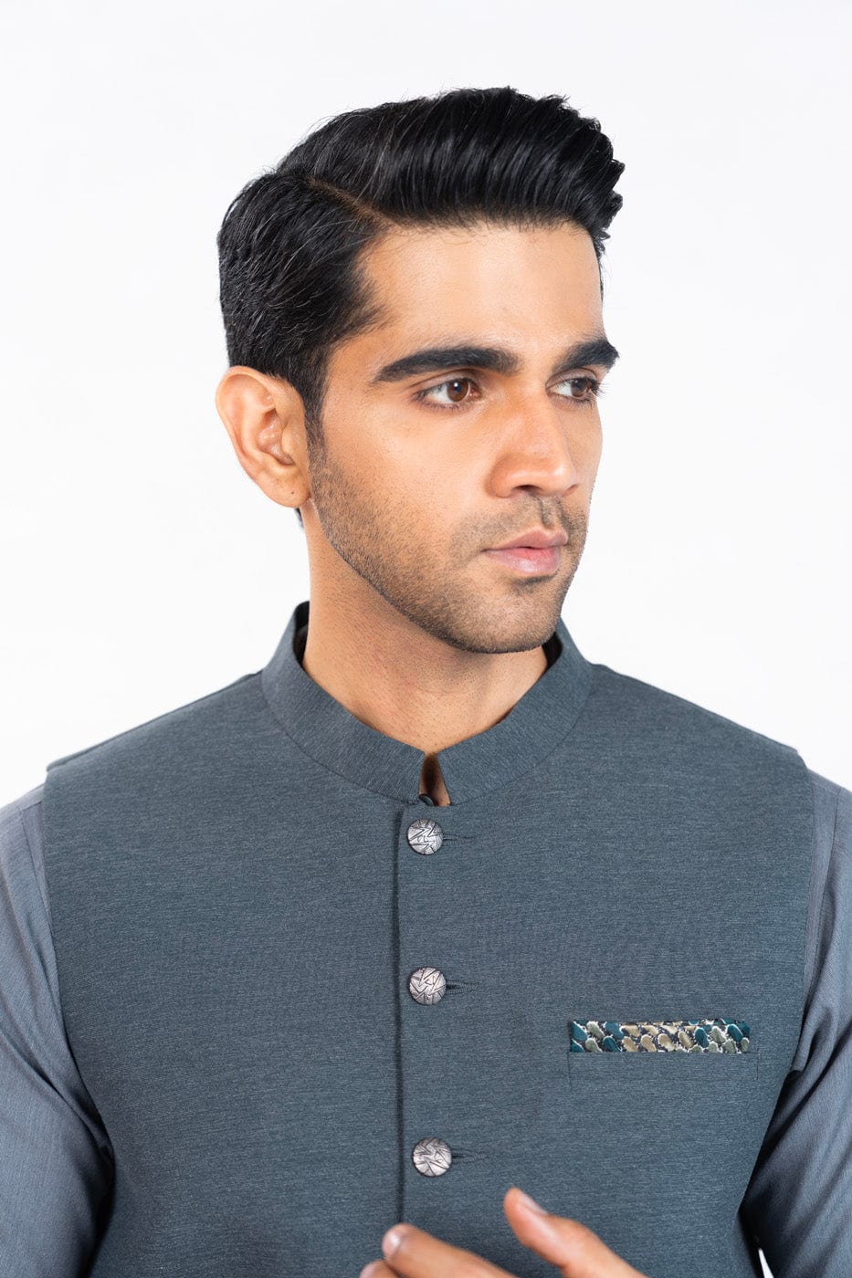 Grey Blended Fabric Waistcoat Kurta Set (2-Piece) - Image 3
