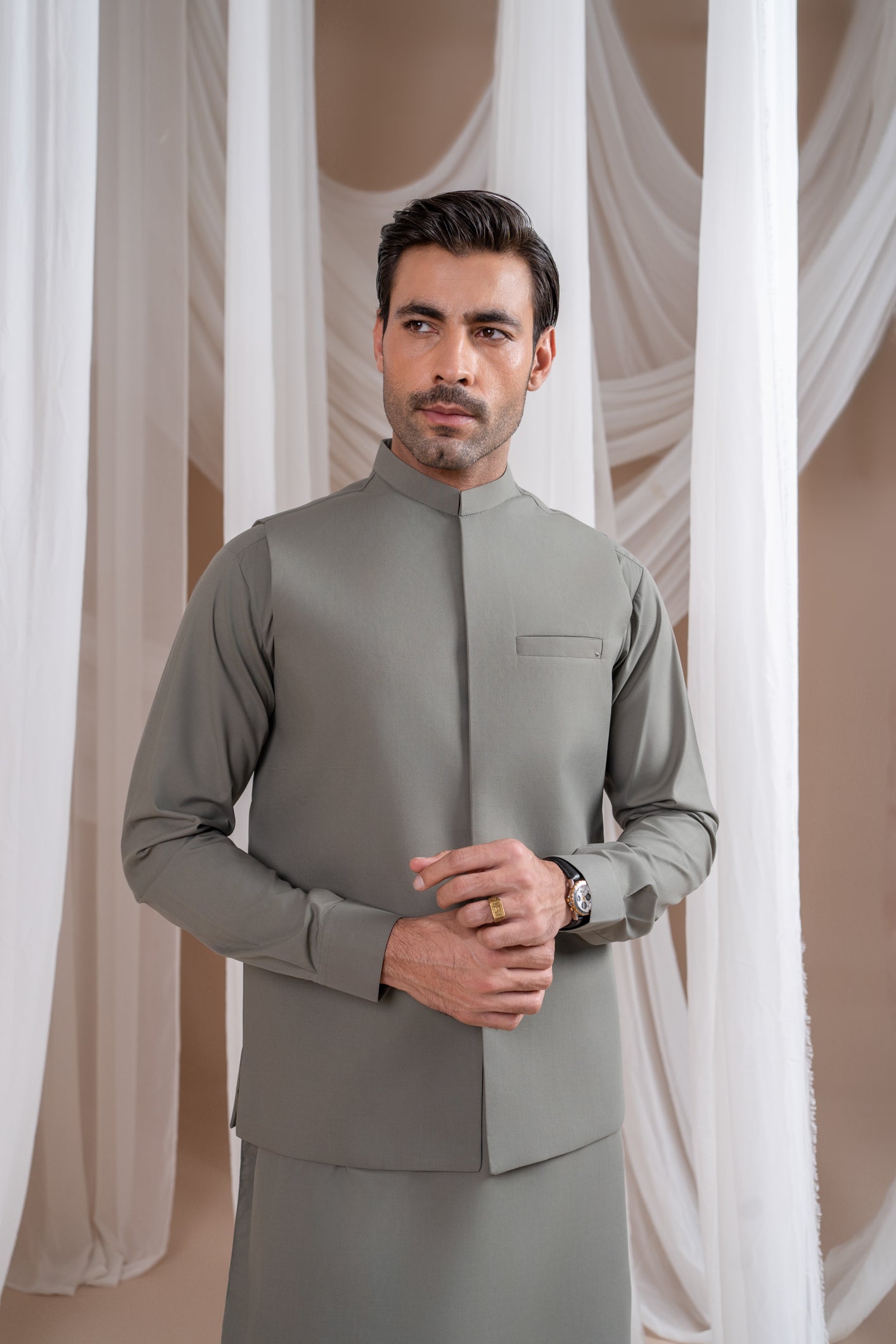 Sand Grey Blended Straight-Cut Waistcoat Kurta (3-Piece) - Image 1