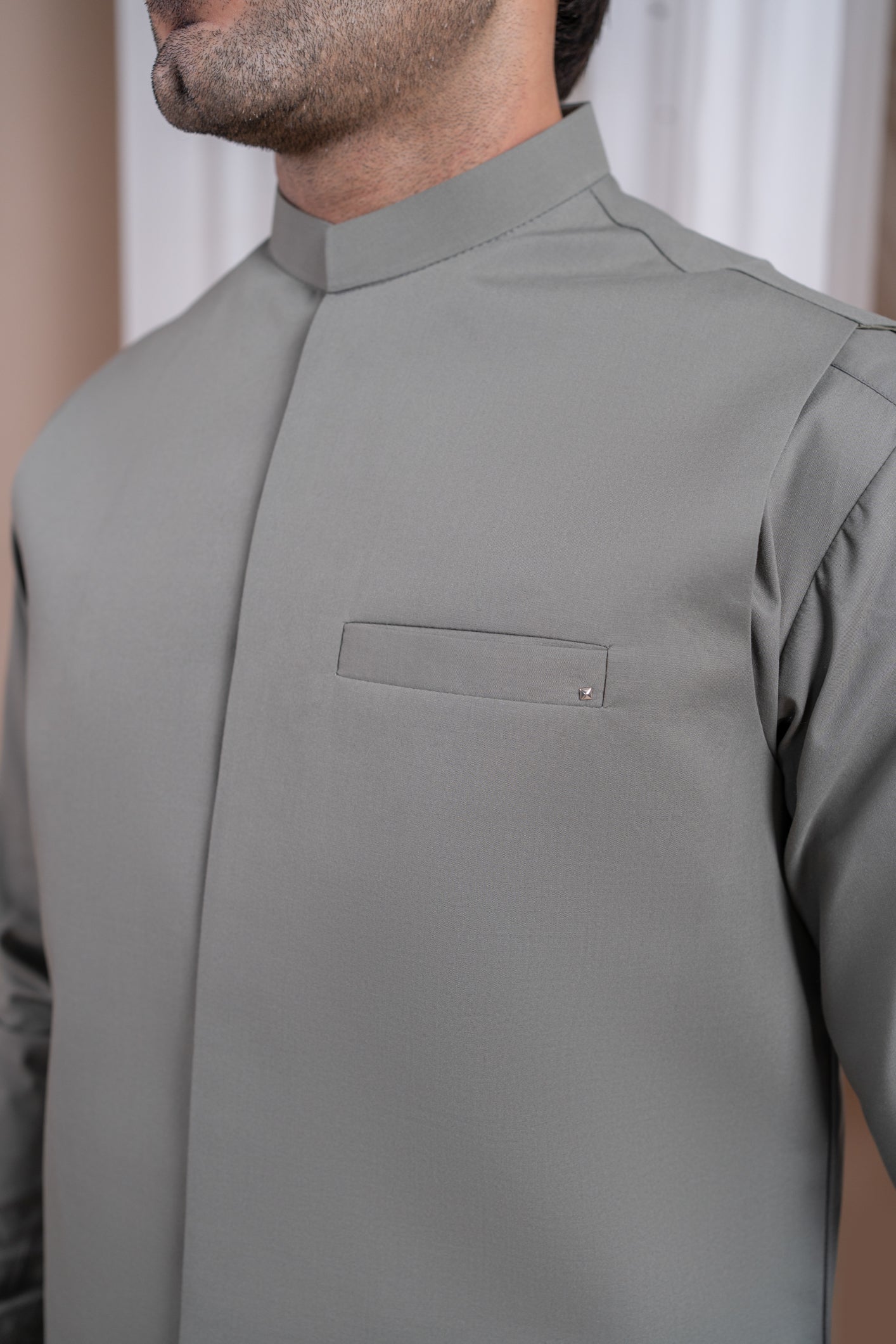 Sand Grey Blended Straight-Cut Waistcoat Kurta (3-Piece) - Image 4