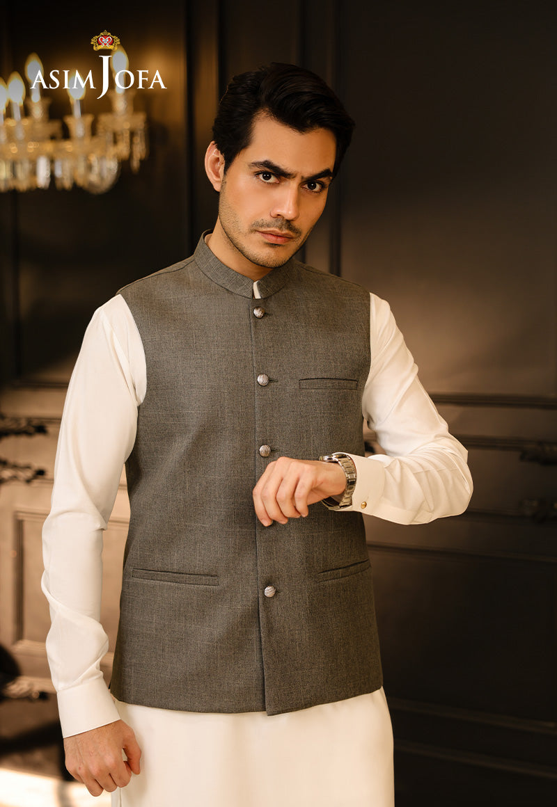 Grey Blended Fabric Waistcoat Kurta (2-Piece) - Image 1