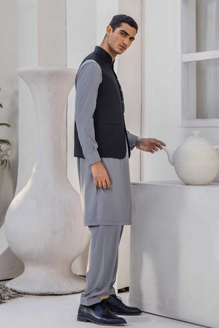 Aqua Grey Waistcoat Kurta Shalwar (3-Piece) - Image 2