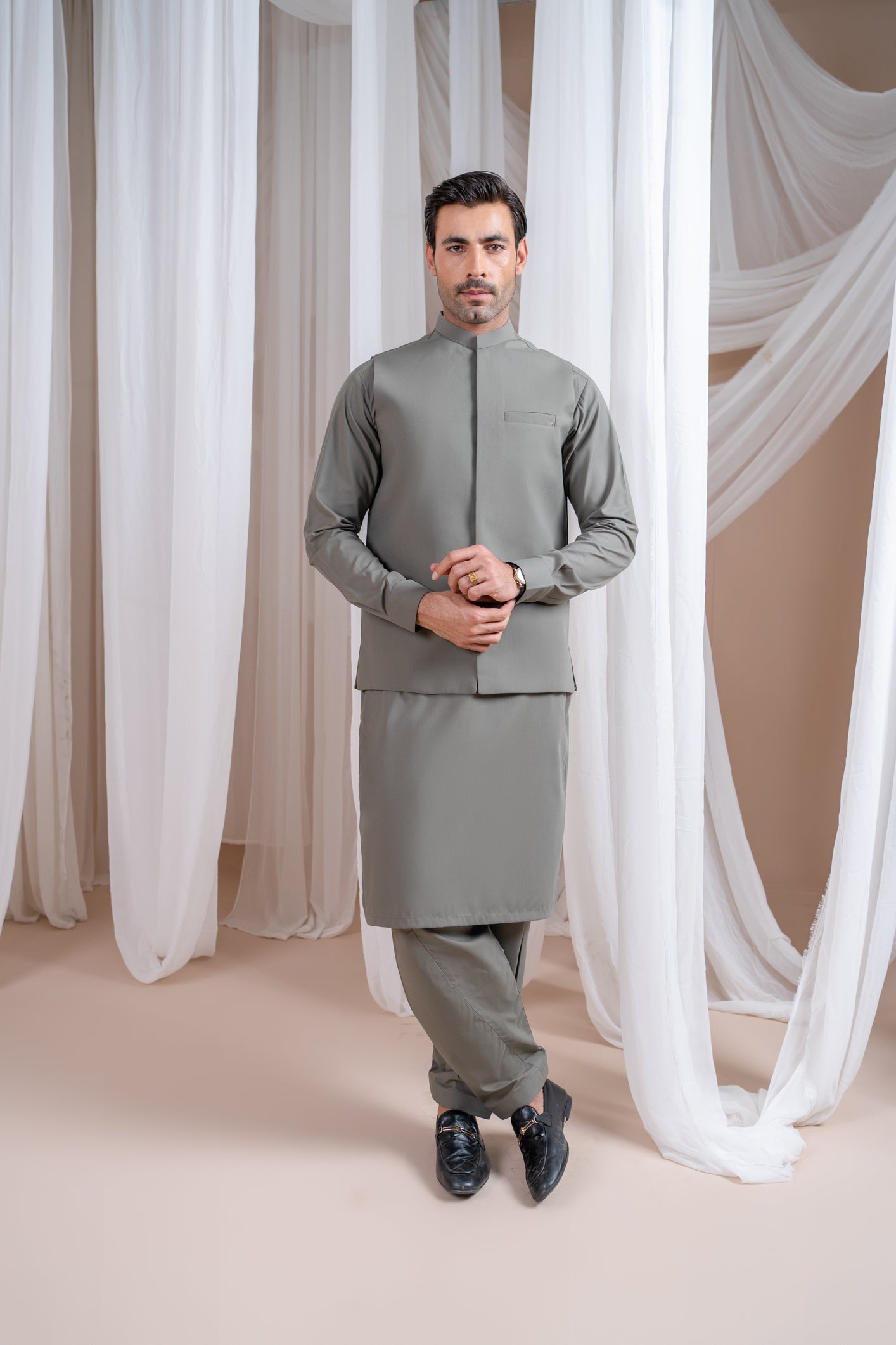 Sand Grey Minimalist Luxury Blended Waistcoat Kurta (3-Piece) - Image 1