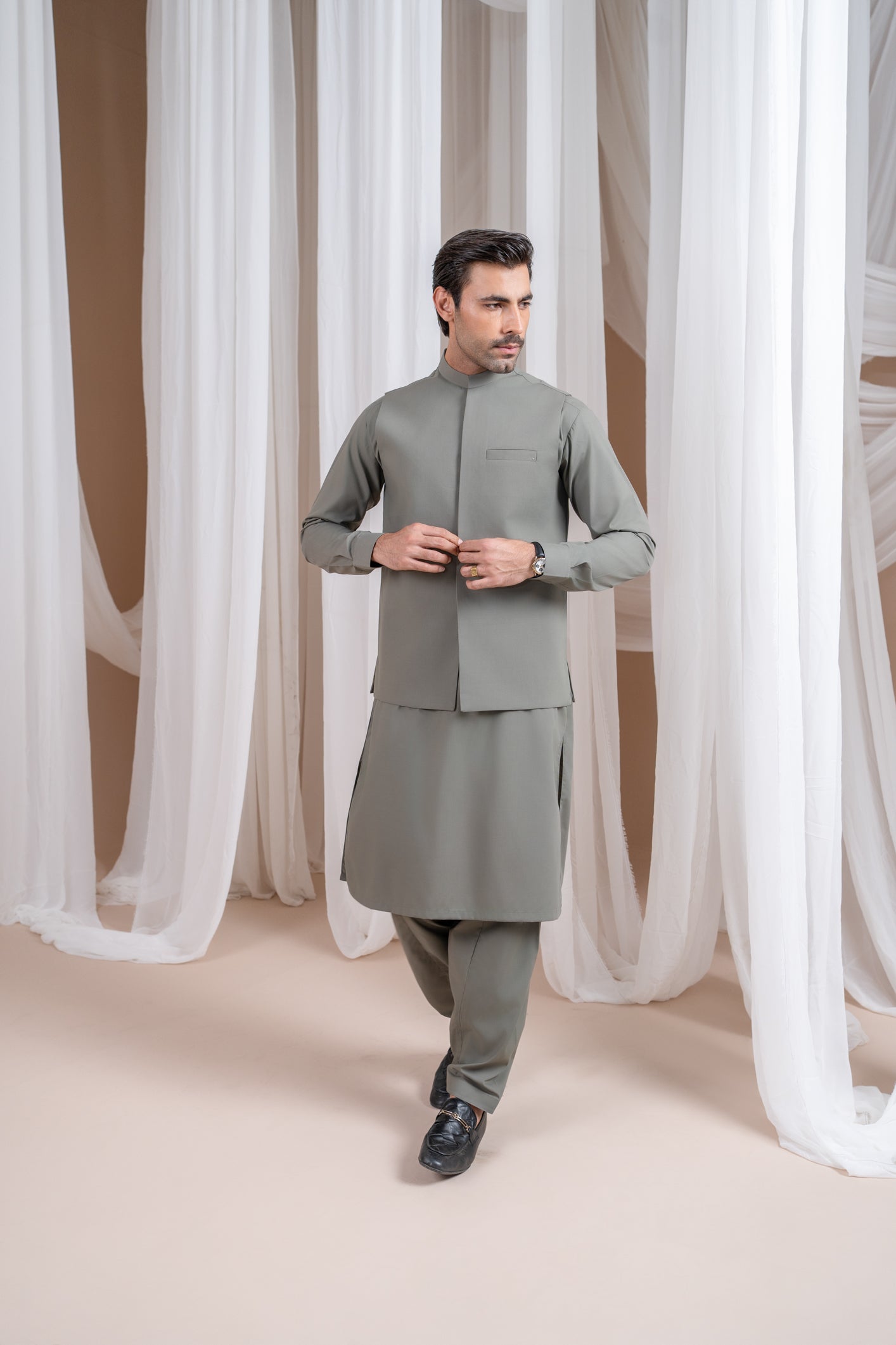 Sand Grey Minimalist Luxury Blended Waistcoat Kurta (3-Piece) - Image 3