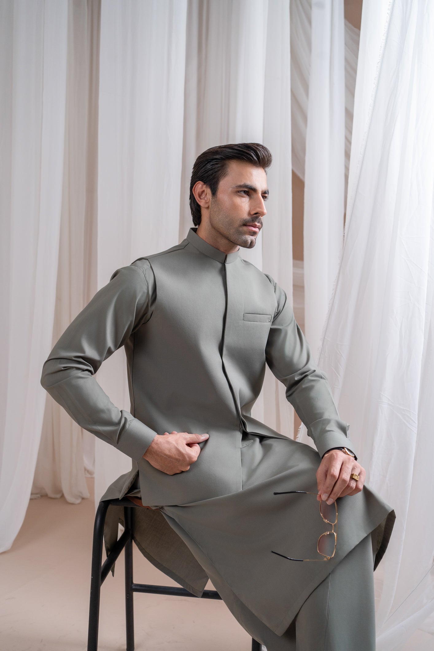 Sand Grey Minimalist Luxury Blended Waistcoat Kurta (3-Piece) - Image 7