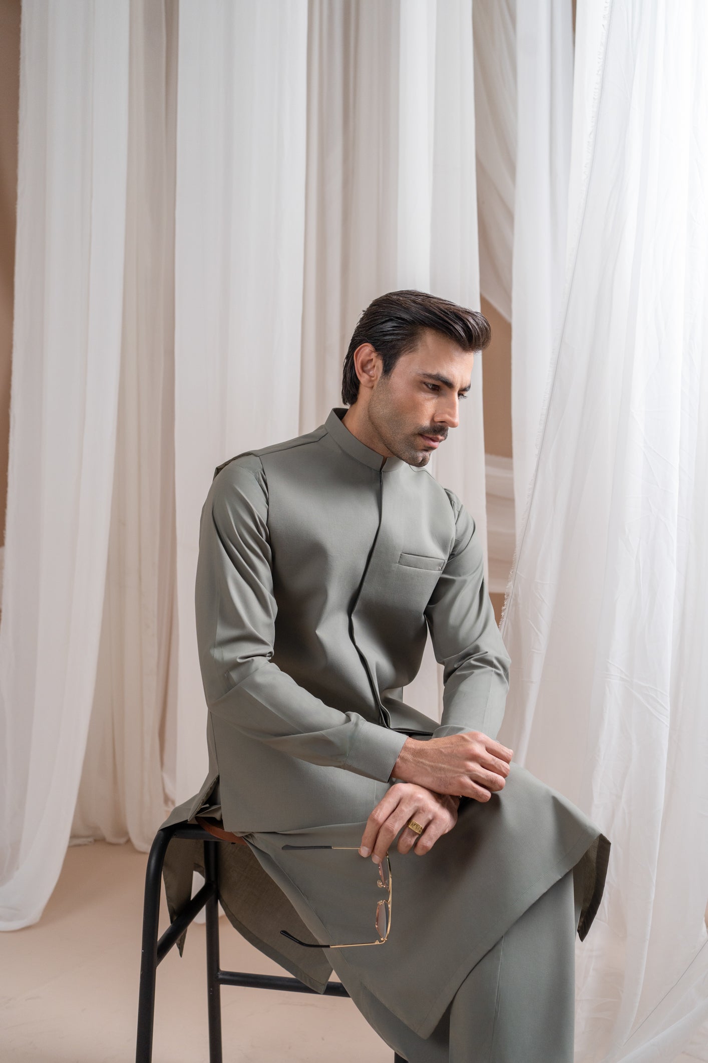 Sand Grey Minimalist Luxury Blended Waistcoat Kurta (3-Piece) - Image 8