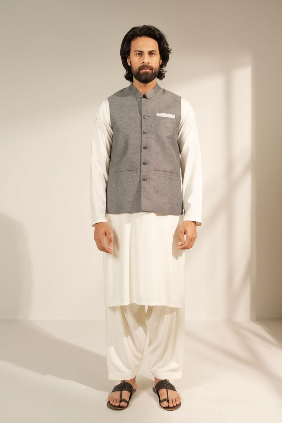Light Grey Blended Waistcoat Kurta Set (3-Piece) - Image 1