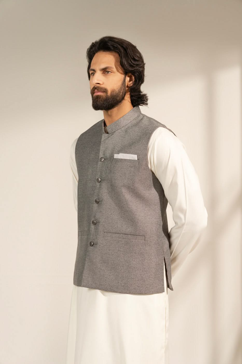 Light Grey Blended Waistcoat Kurta Set (3-Piece) - Image 2