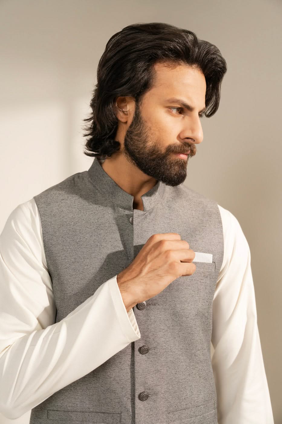 Light Grey Blended Waistcoat Kurta Set (3-Piece) - Image 3