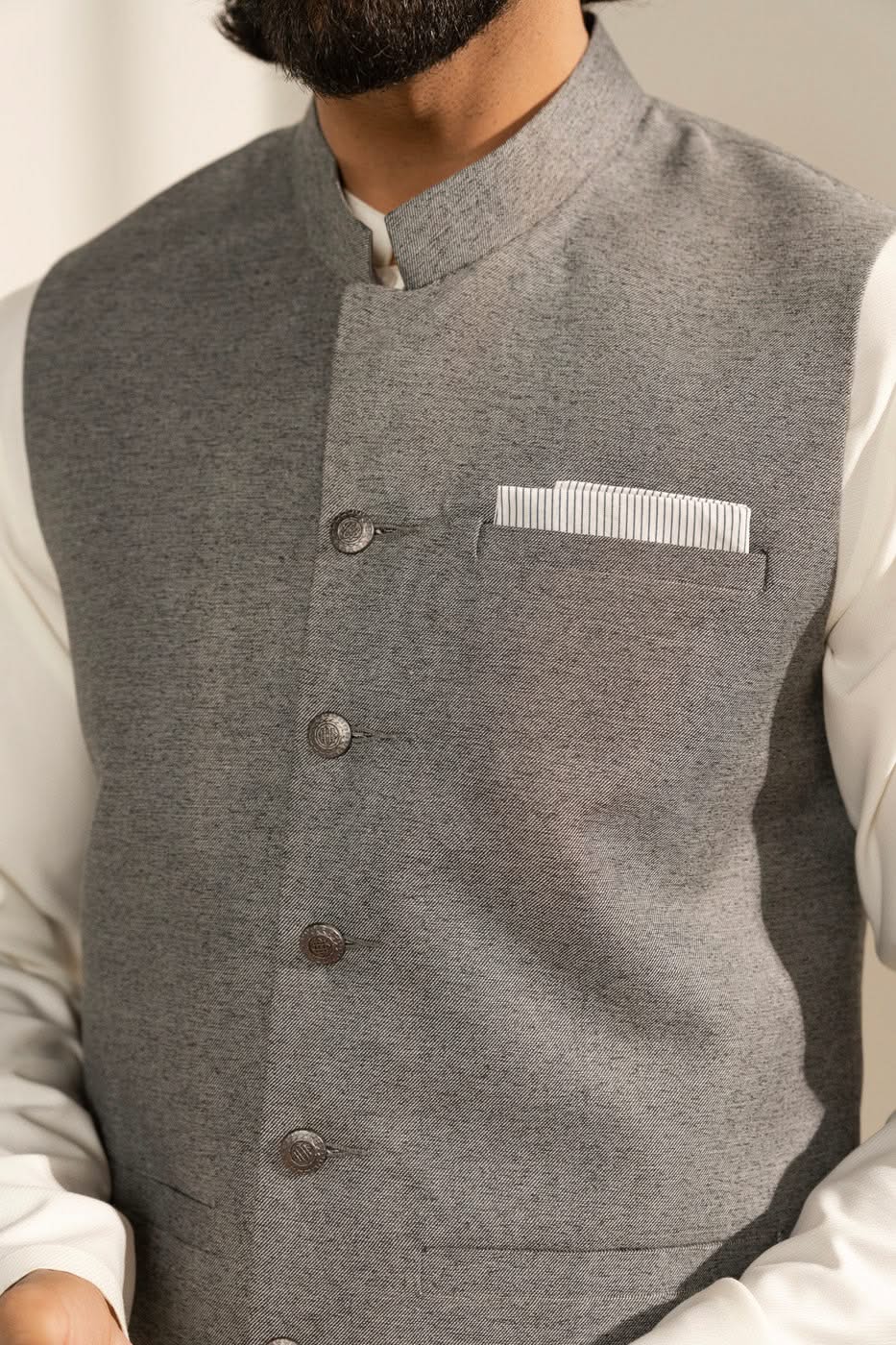 Light Grey Blended Waistcoat Kurta Set (3-Piece) - Image 4