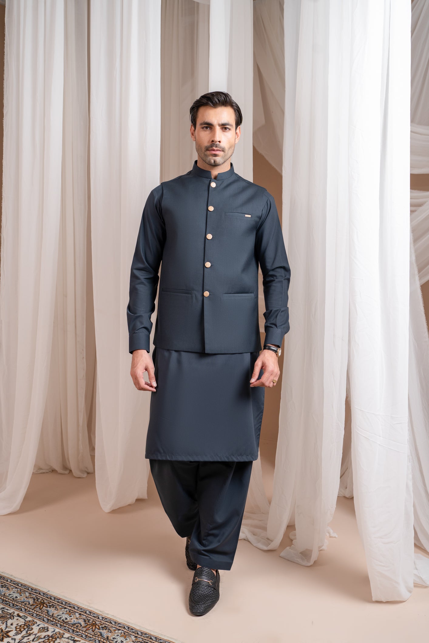 Charcoal Grey Blended Waistcoat Kurta Shalwar (3-Piece) - Image 1