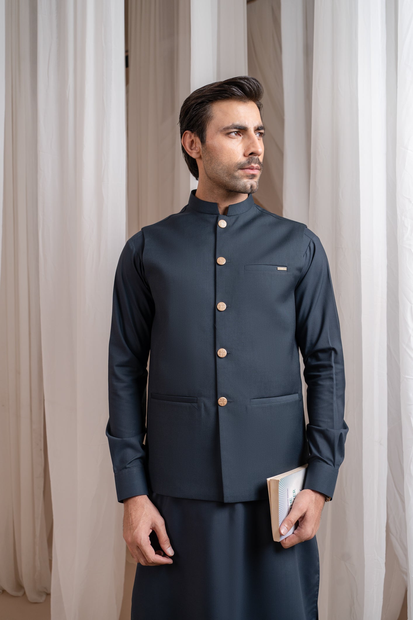 Charcoal Grey Blended Waistcoat Kurta Shalwar (3-Piece) - Image 3