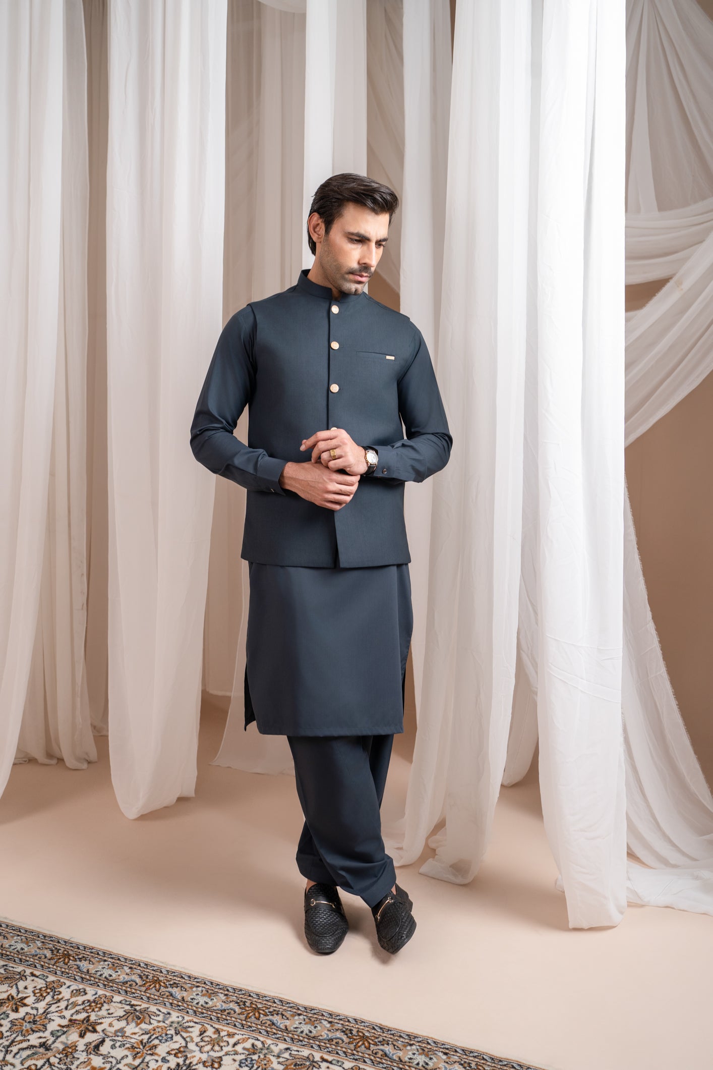 Charcoal Grey Blended Waistcoat Kurta Shalwar (3-Piece) - Image 5