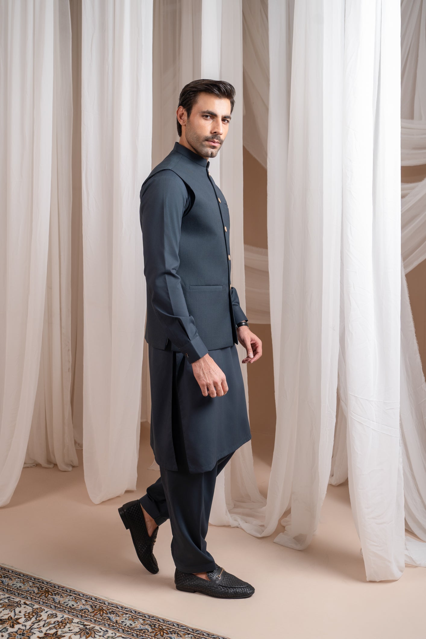 Charcoal Grey Blended Waistcoat Kurta Shalwar (3-Piece) - Image 6