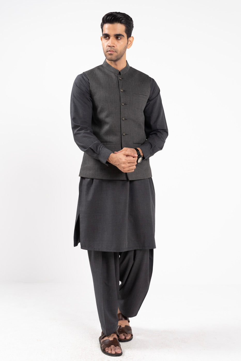 Grey Blended Waistcoat Kurta Set (3-Piece) - Image 1