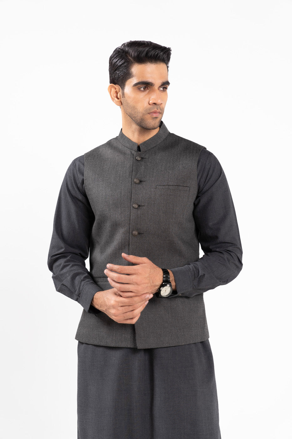 Grey Blended Waistcoat Kurta Set (3-Piece) - Image 2