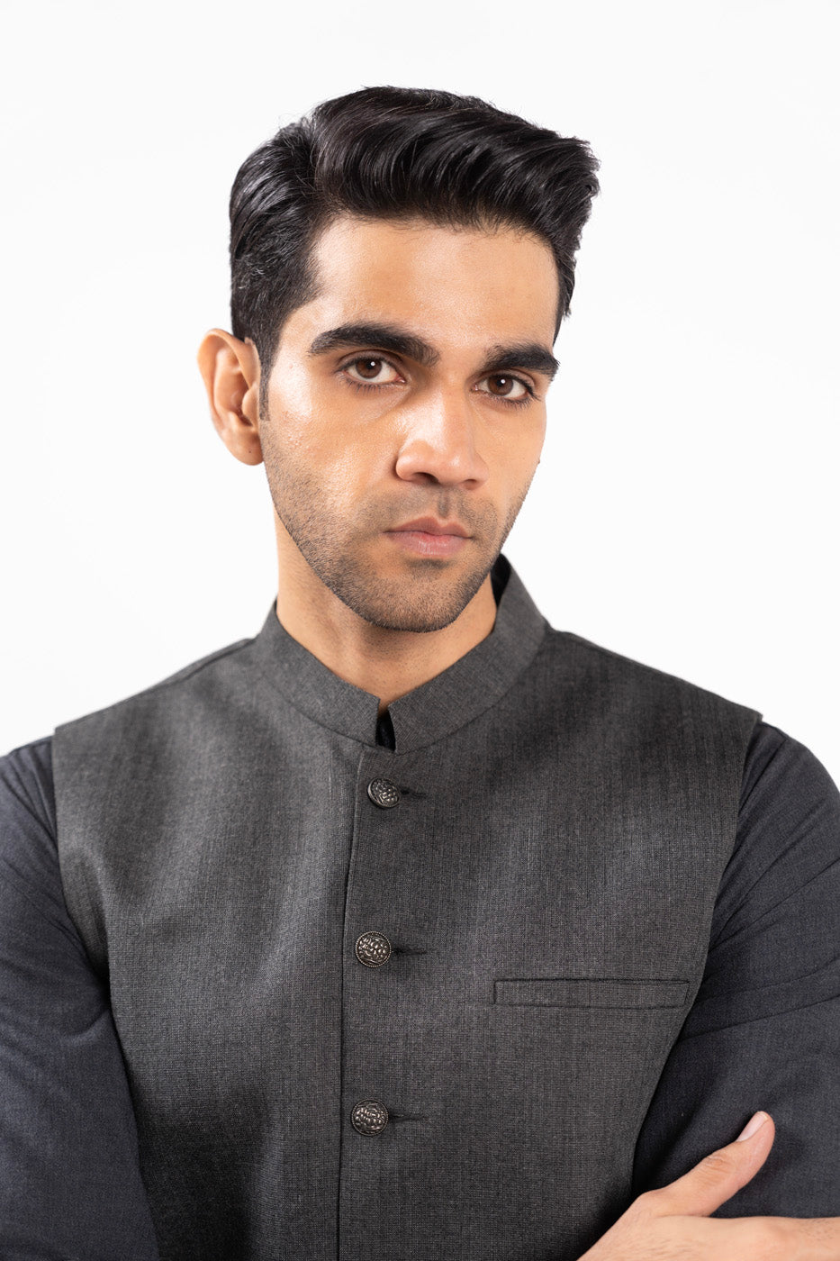 Grey Blended Waistcoat Kurta Set (3-Piece) - Image 3