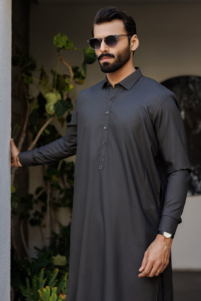 Dark Grey Embroidered Boski Linen Waistcoat Kurta (3-Piece) - Image 2