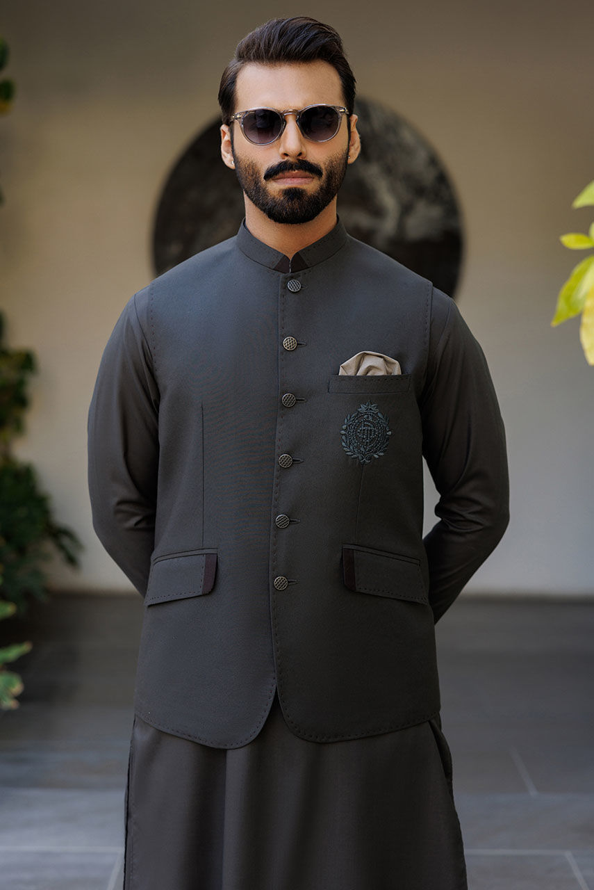 Dark Grey Embroidered Boski Linen Waistcoat Kurta (3-Piece) - Image 4