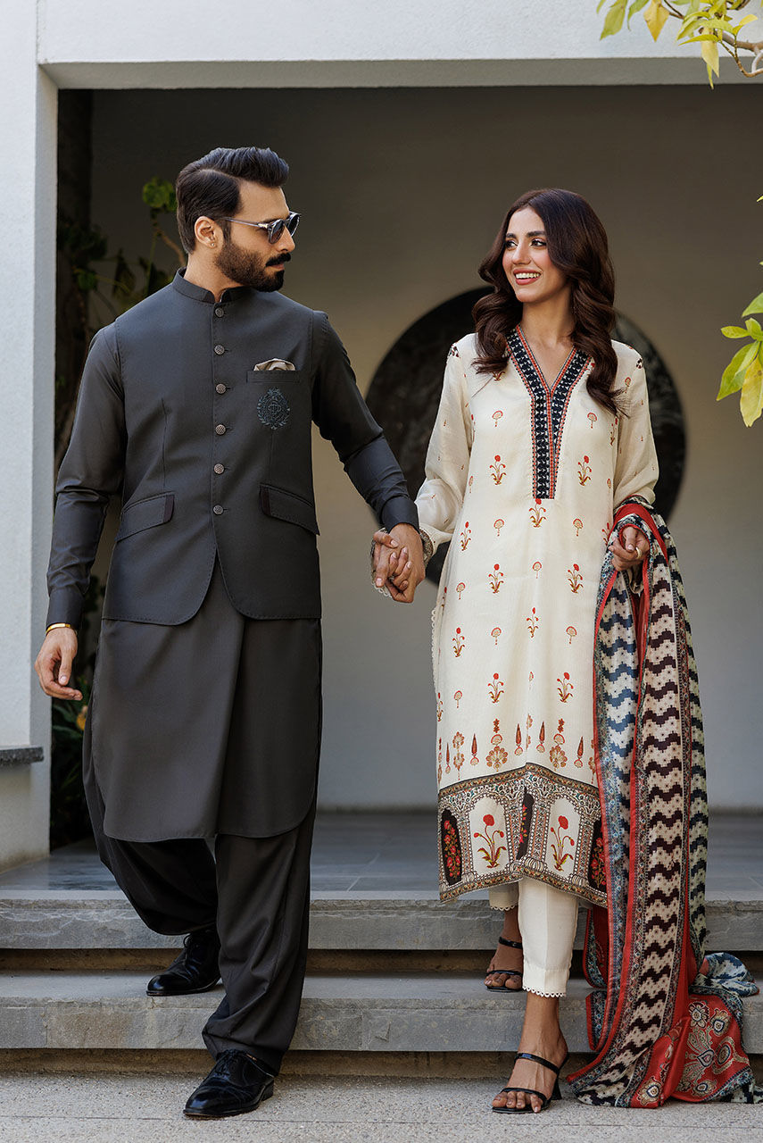 Dark Grey Embroidered Boski Linen Waistcoat Kurta (3-Piece) - Image 6