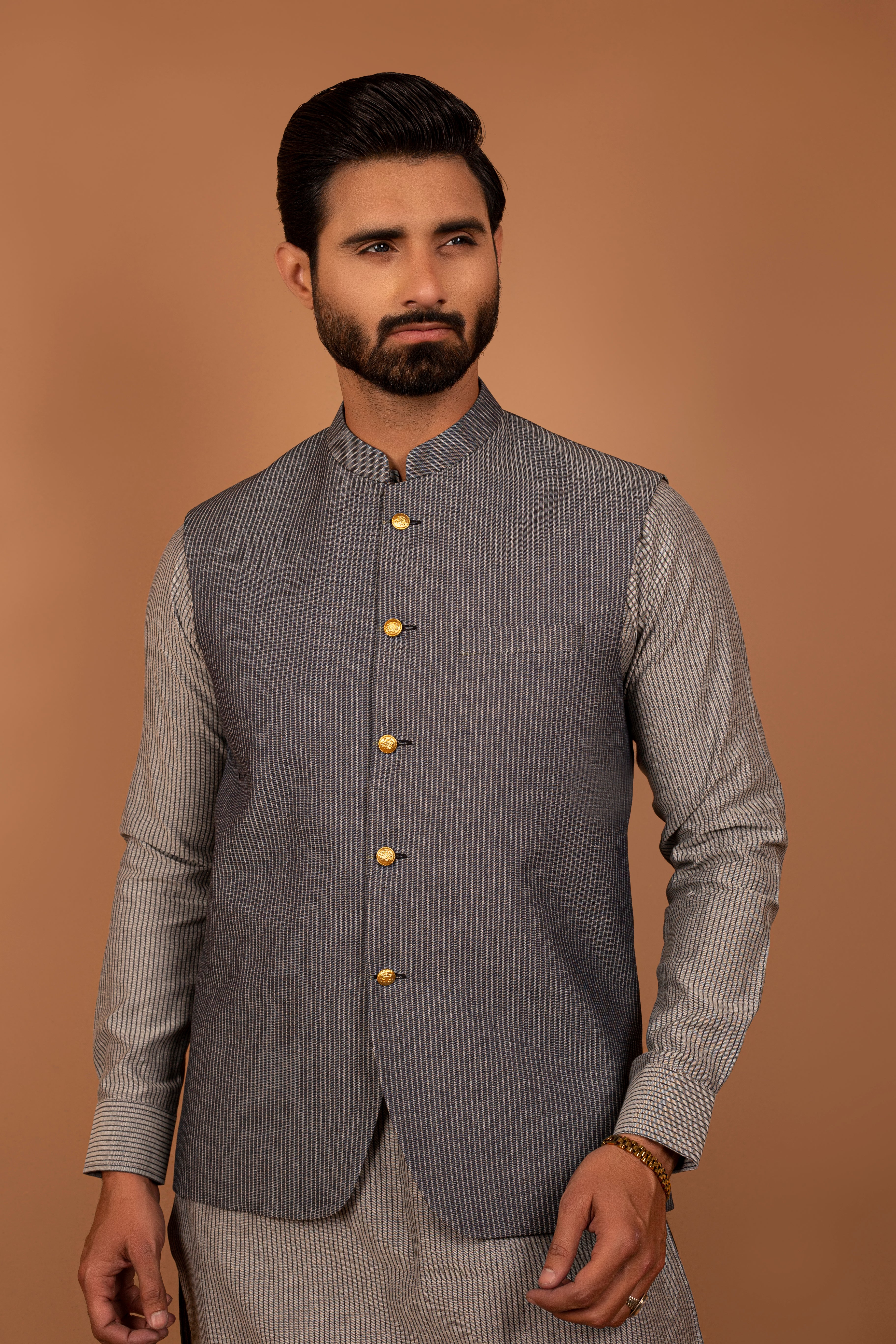 Grey Striped Cotton Blend Waistcoat (3-Piece) - Image 1