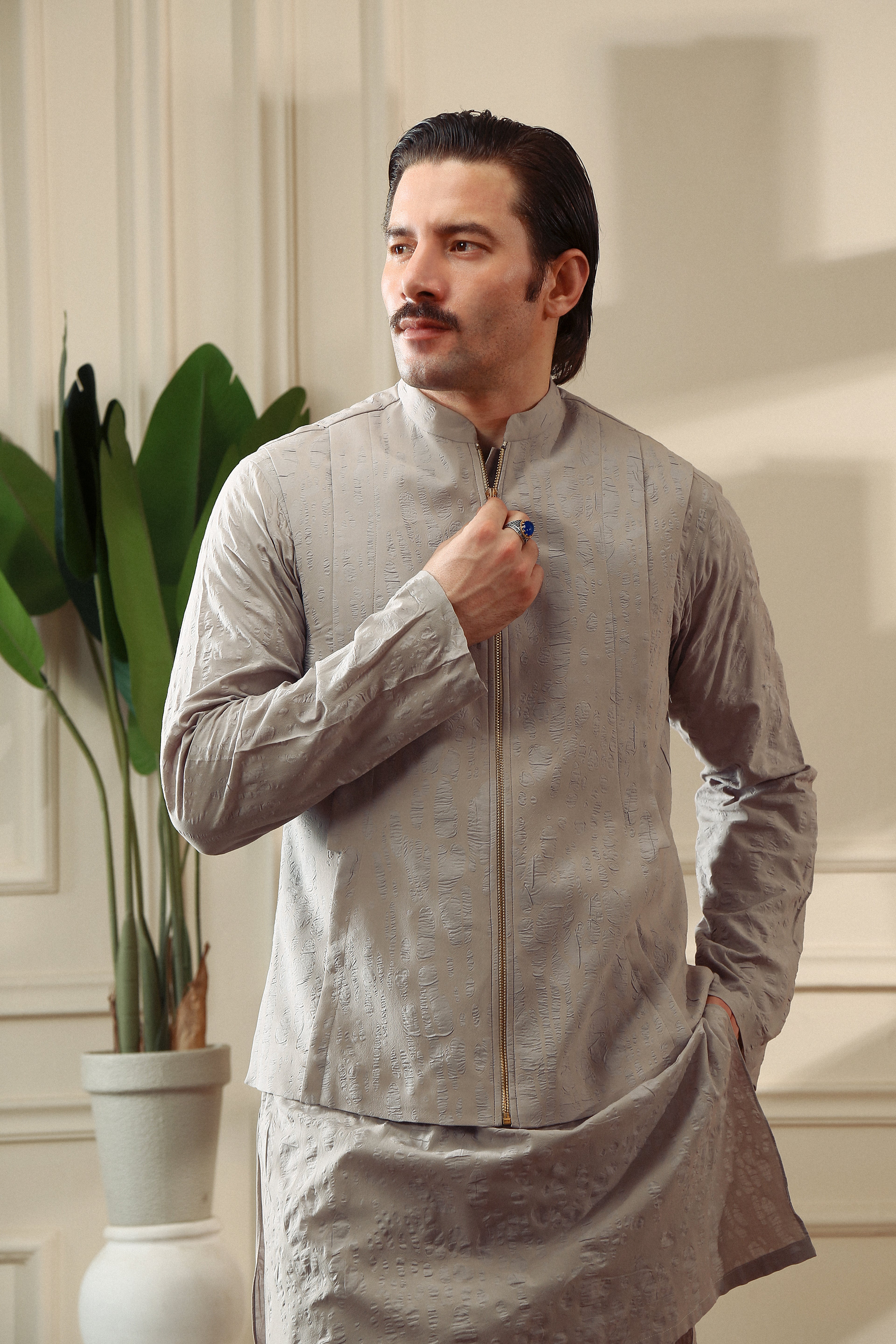 Grey Woven Cotton Waistcoat Kurta Set (2-Piece) - Image 1