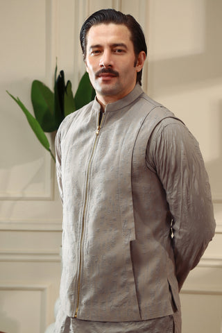 Grey Woven Cotton Waistcoat Kurta Set (2-Piece) - Image 3