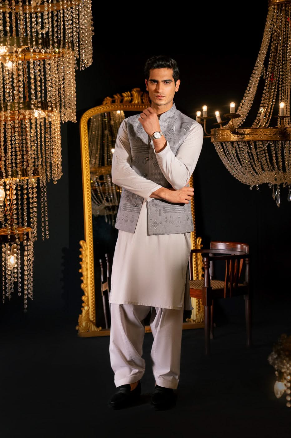 Grey Woven Cotton Jacquard Waistcoat (3-Piece) - Image 1