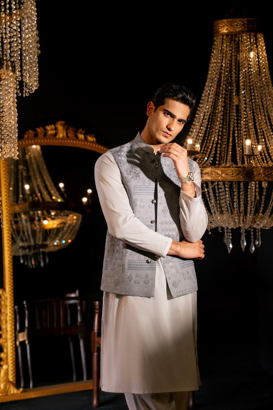 Grey Woven Cotton Jacquard Waistcoat (3-Piece) - Image 2