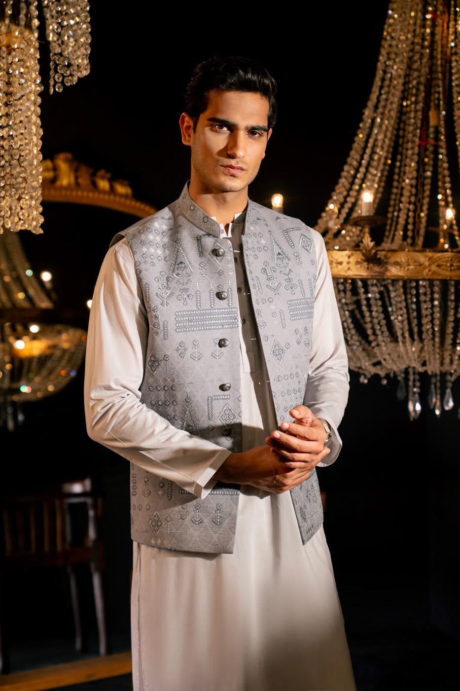 Grey Woven Cotton Jacquard Waistcoat (3-Piece) - Image 3