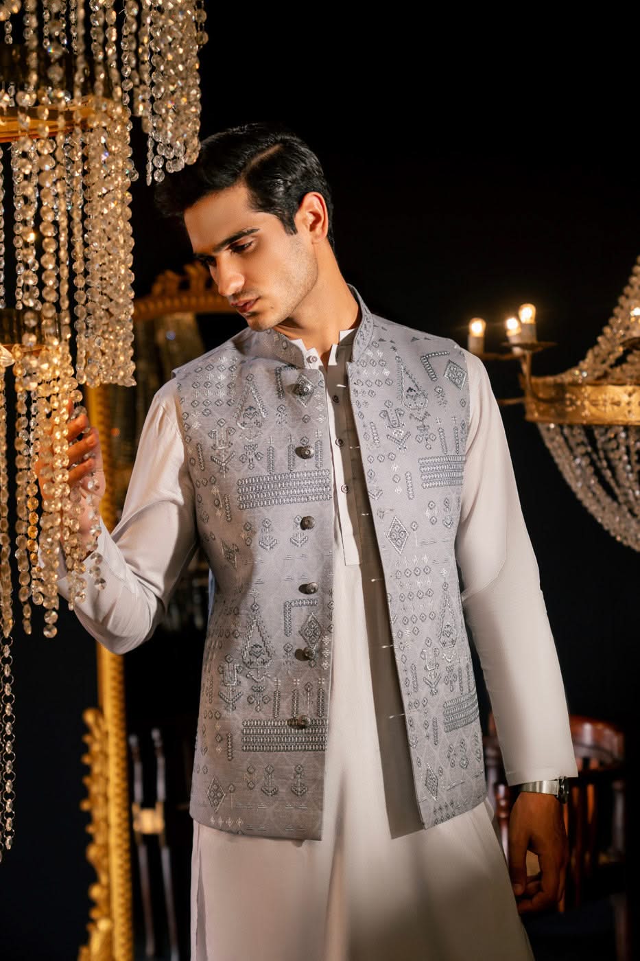 Grey Woven Cotton Jacquard Waistcoat (3-Piece) - Image 4